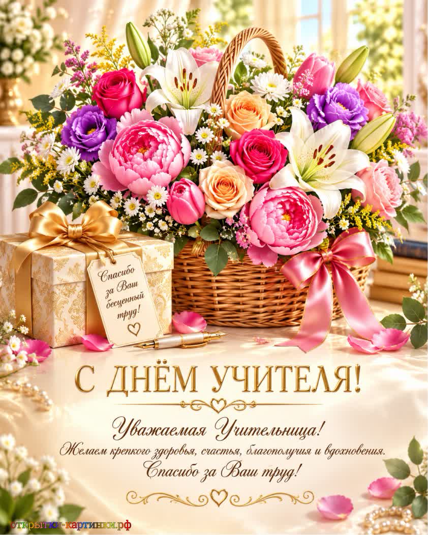 За терпение, внимание и заботу об учениках открытка с днем учителя женщине с букетом разноцветных цветов в корзине