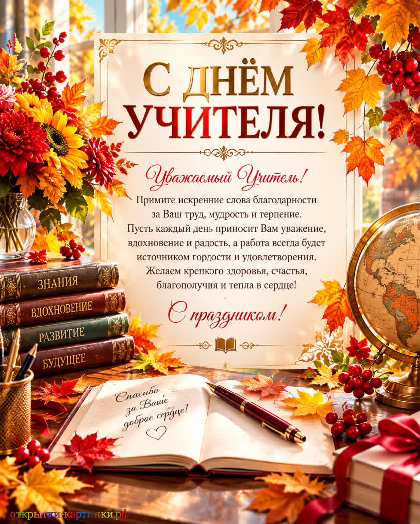 Для женщины, посвятившей жизнь знаниям открытка с днем учителя женщине с осенним фоном букетом цветов и глобусом