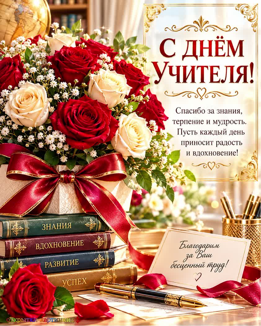 Мудрость и терпение настоящего педагога открытка с днем учителя женщине с букетом белых и красных роз