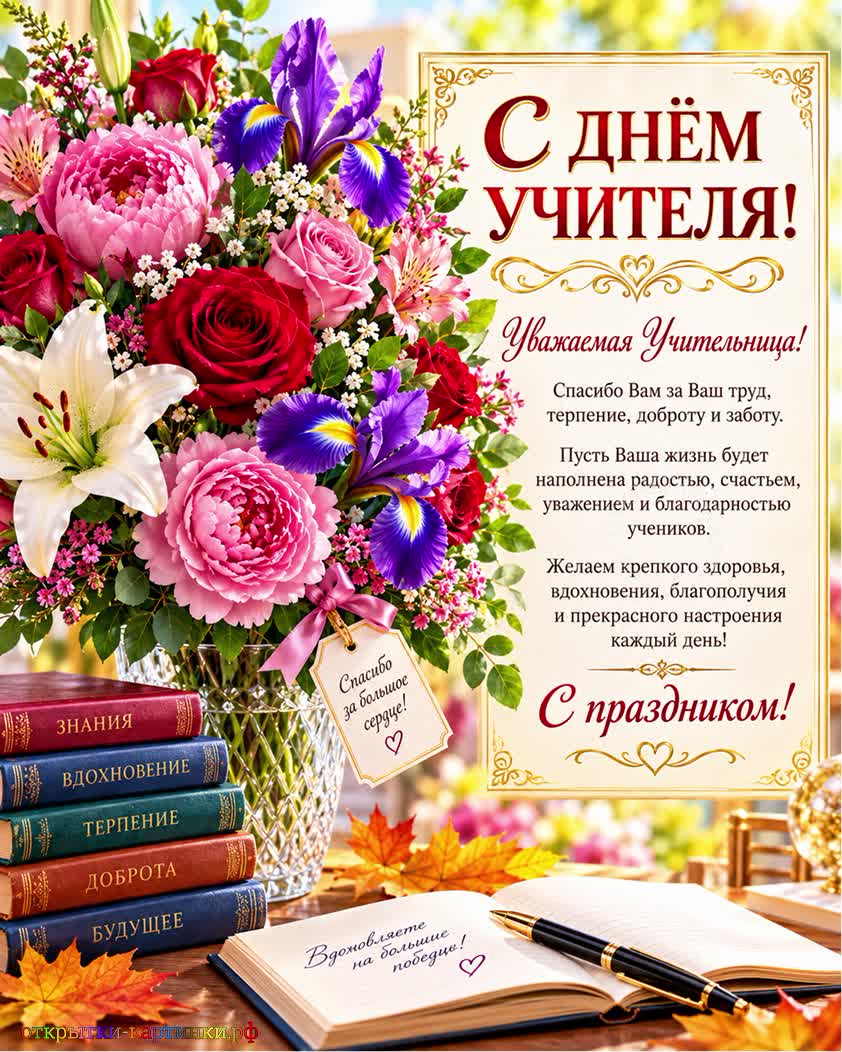 Спасибо учительнице за знания и вдохновение открытка с днем учителя женщине с учебниками поздравлением и букетом ярких цветов