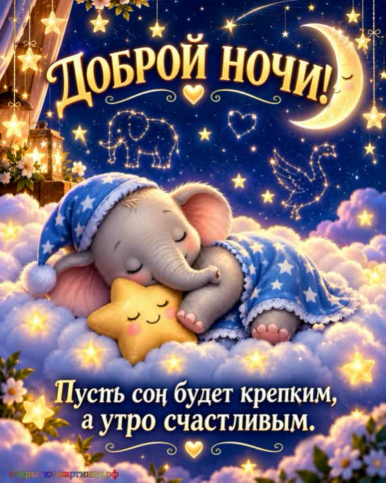 Спокойной ночи - дыши спокойно! Открытка спокойной ночи милый слоник в ночной пижаме сладко спит на облачке с подушкой в форме звезды