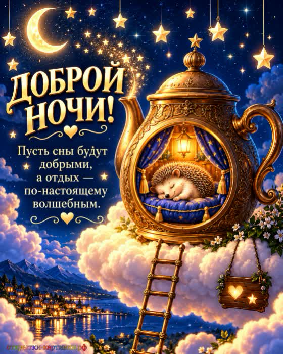 Спокойной ночи - пусть ночь радует! Открытка спокойной ночи с домиком в виде чайника на сказочном облаке